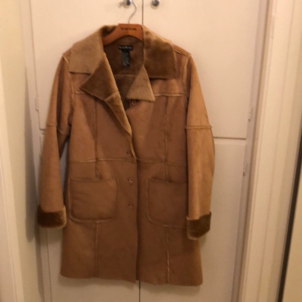Carmel color knee length coat—faux shearing
